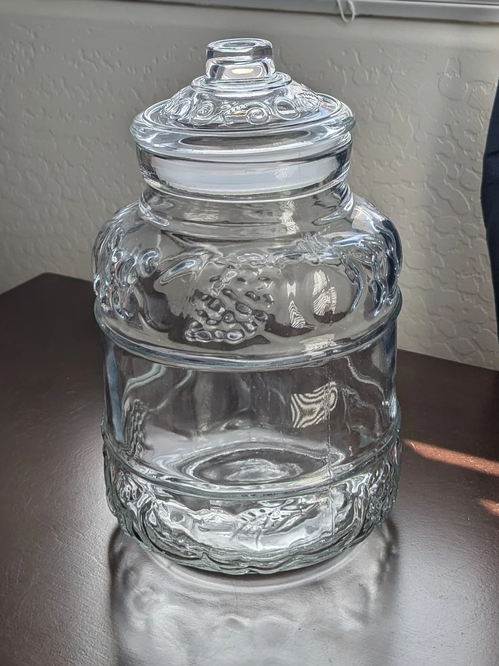 Vintage 1980s KIG Indonesia Clear Glass Storage Jar with Lid 11.5 Inches Fruit